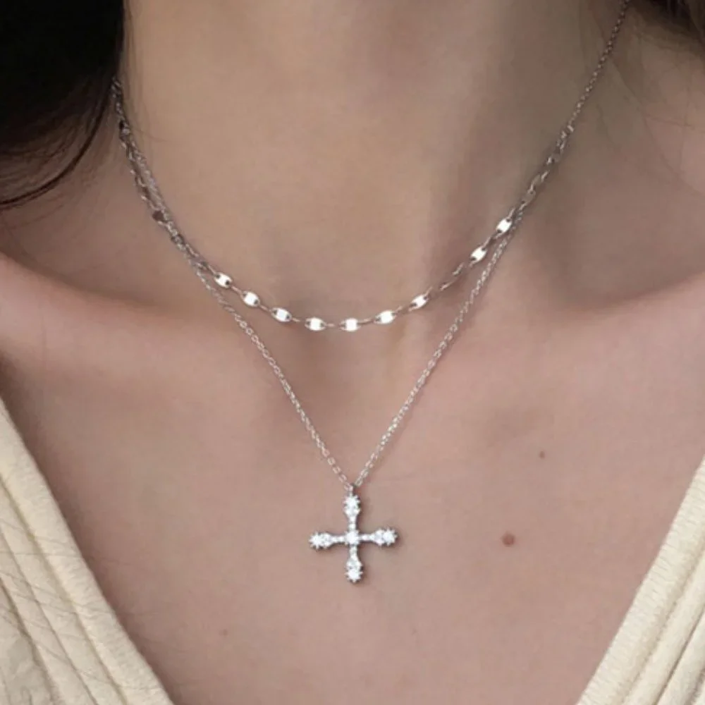 #NEW 925 Sterling Silver Diamond Cross Double Layer Necklace